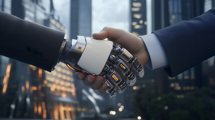 Human and robot hands shake in a modern urban setting, symbolizing collaboration and technological advancement