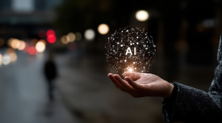 Human hand holds a glowing AI magic ball against the background of night city. Concept of artificial intelligence, metaverse, cyberspace, futuristic digital technology. 