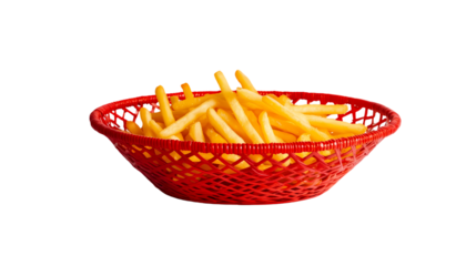 A red basket filled with golden french fries  a stark  in a close up view isolated on transparent background