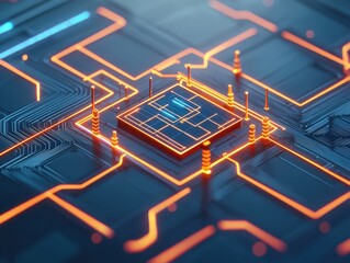A futuristic computer chip with glowing orange circuits on a blue motherboard, representing advanced technology and digital innovation.