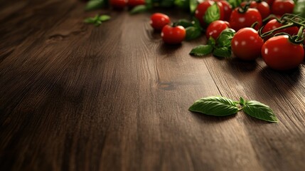 Various types of tomatoes including heirloom and cherry tomatoes with basil leaves on a dark wooden table, high resolution,