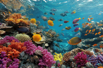 Obraz premium Colorful reef with fish create vibrant underwater world, full of life