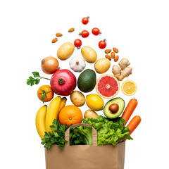 Vibrant Grocery Haul Fresh Fruits, Vegetables, and Nuts Bursting from a Brown Paper Bag on a Clean Background for Healthy Eating and Lifestyle Concepts