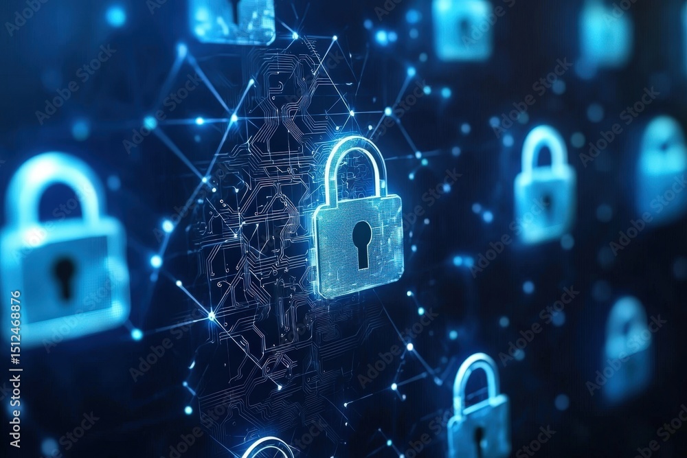 Poster digital locks and network connections symbolize cybersecurity and data protection in a futuristic de