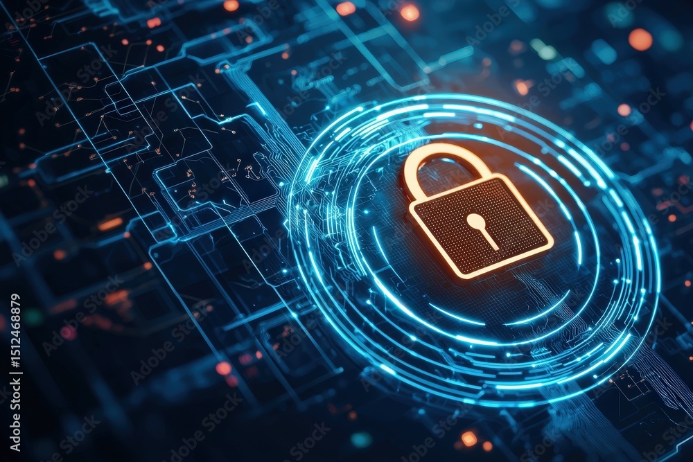 Aufkleber digital lock symbol overlaid on a circuit board background, representing cybersecurity and data prot