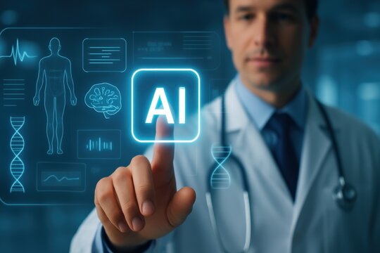 Doctor Activating AI Healthcare Button on Virtual Screen - Powered by Adobe