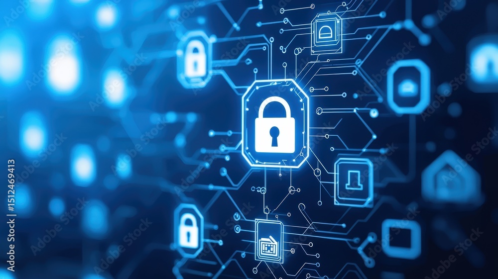 Aufkleber digital locks on a circuit board background, symbolizing cybersecurity and data protection.