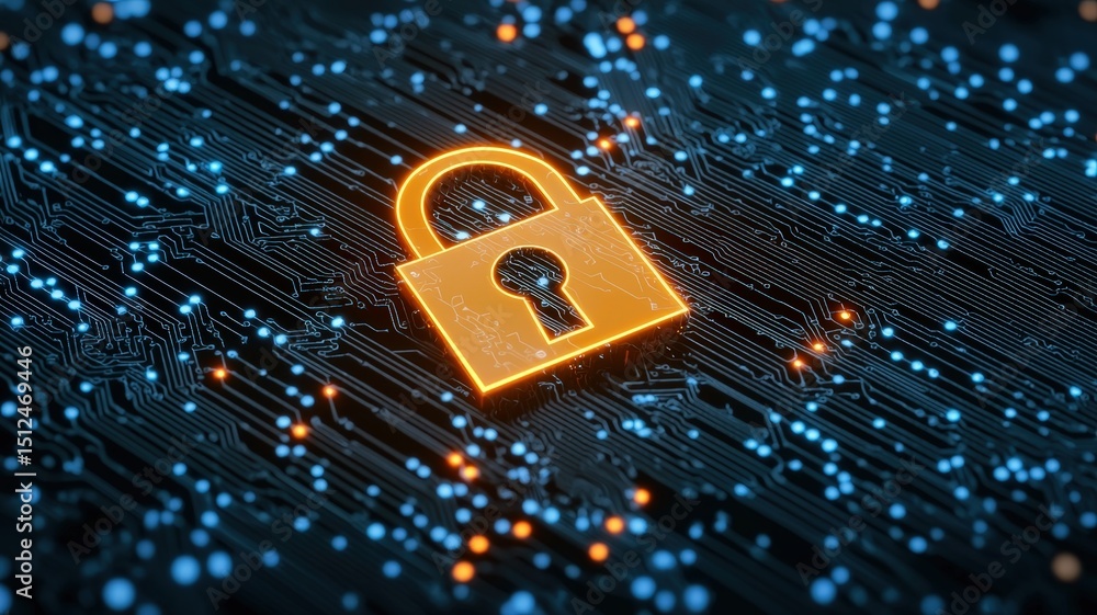 Poster digital lock on a circuit board background, symbolizing cybersecurity and data protection.