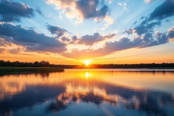 Fototapeta premium Stunning sunset casts vibrant hues over summer landscape by the serene lake, Sunset in cloudy sky above summer landscape Seamless time lapse background