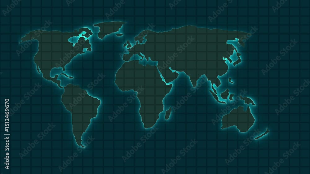 Poster glowing world map on dark blue grid background illustrating global network connections and communica