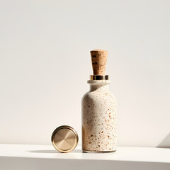 Speckled Cream Bottle with Cork Stopper in Sunlight Against White Wall 