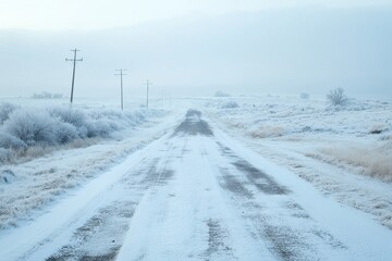 Obraz premium Winter roads covered in snow along a national highway surrounded by frost laden landscape, Snow along the national road
