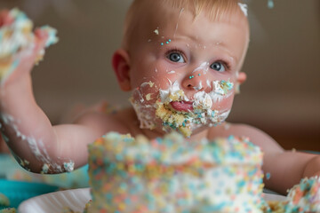 Close-up shot of a joyous baby with blue eyes covered in white frosting and colorful sprinkles enjoying a cake. The setting is indoors, focusing on the baby's delight in the treat.
