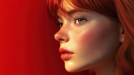 Fototapeta premium Red-haired woman next to a red wall. Generative AI
