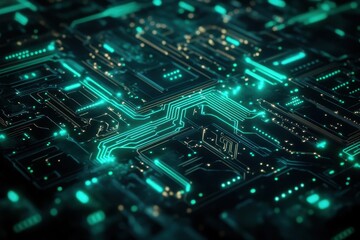 Fototapeta premium Hightech web design backdrop featuring intricate circuit patterns and luminous accents in a dark setting that evokes a futuristic digital environment