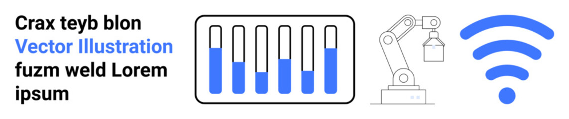 Test tubes partly filled with liquid, robotic arm holding an object, and wireless symbol. Ideal for technology, automation, connectivity, science, research, digital transformation simple landing