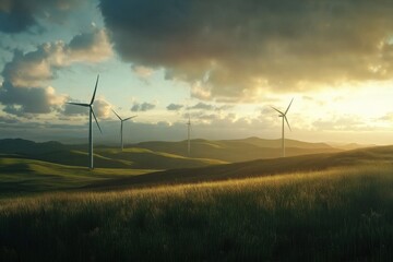 Wind energy turbines generating electricity at a power farm in a peaceful landscape during sunset, Wind energy turbines electricity power farm Clean eco friendly solution
