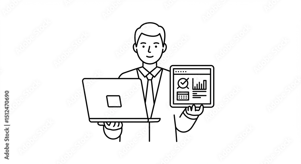 Aufkleber professional manager analyzes data using laptop and dashboard in minimalist workspace background det