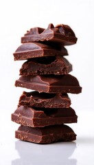 Delicious stack of dark chocolate pieces on a white background
