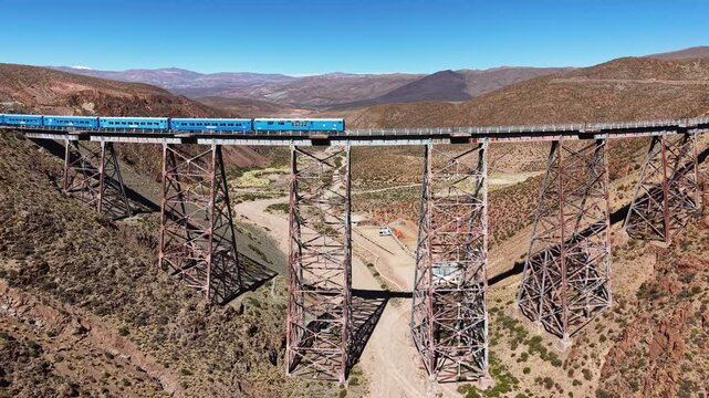 Aerial view of the "Train of the Clouds" in Salta, Argentina. La Polvorilla Viaduct.
