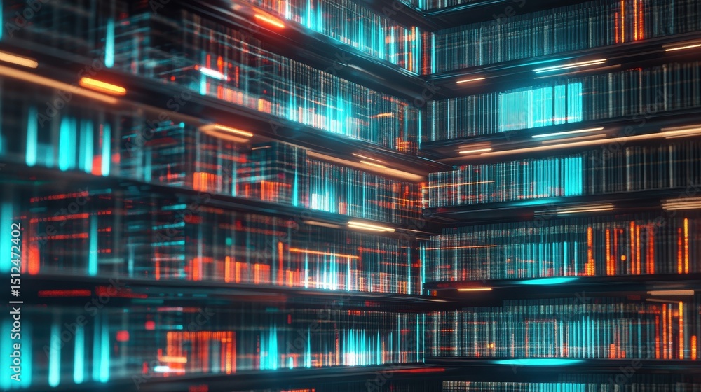 Poster abstract digital library with glowing data streams on shelves.