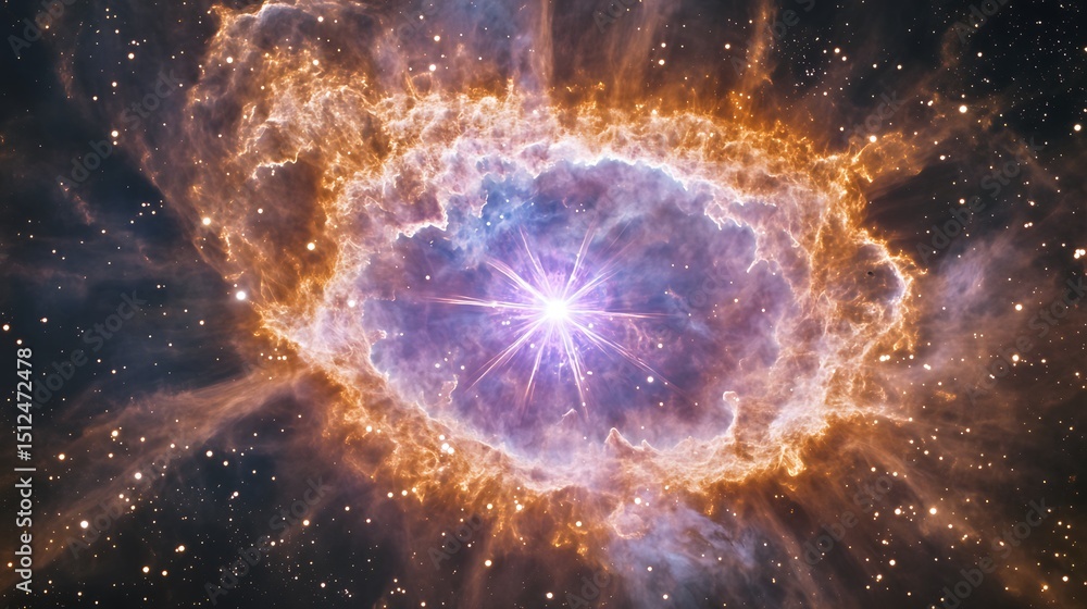 Poster amethyst-hued nebula expanding around a collapsing star, surrounded by fractured light patterns and 