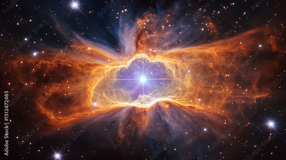 Poster amethyst-hued nebula expanding around a collapsing star, surrounded by fractured light patterns and 