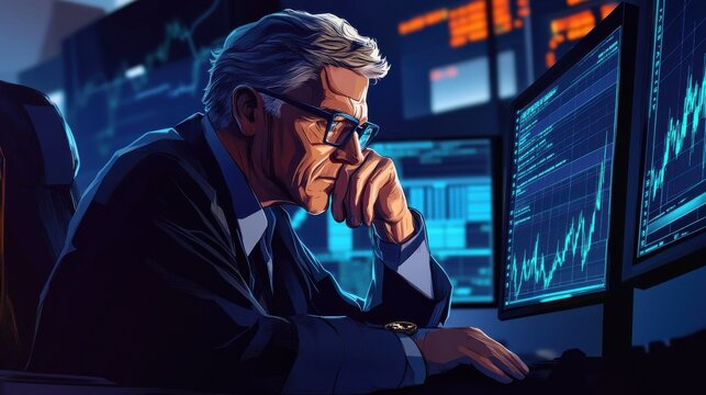 Mature crypto trader investor analyst broker using pc computer analyzing digital cryptocurrency exchange stock market trading graphs report thinking of investing funds risks doing global analysis. il