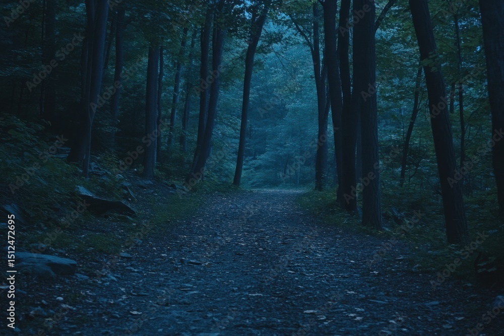 Aufkleber gliding along a tranquil forest path at dusk surrounded by tall trees and soft twilight hues, glidin