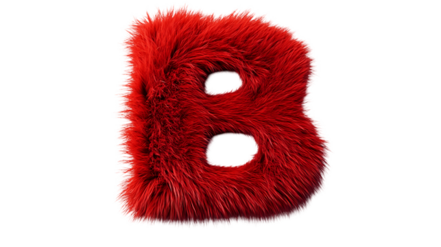 A vibrant red furry letter b isolated on a black background with a fluffy texture and rounded shape isolated on transparent background