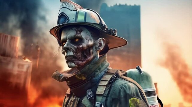 Verwestes Zombiegesicht mit zerrissener Uniform vor eingest&uuml;rztem Hochhaus