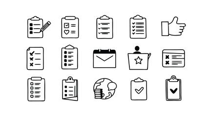 Checklist Icon Set: Diverse collection of stylized checklist icons representing various tasks and elements for digital interfaces, symbolizing planning, task management, and organization.