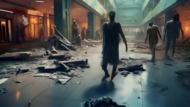 Eingest&uuml;rztes Einkaufszentrum mit Zombies in den G&auml;ngen