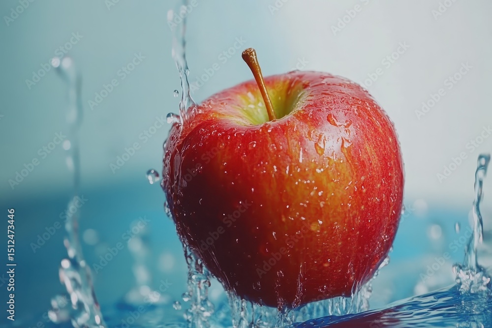 Poster red apple splashes into water creating stunning ultra slow motion effect in vibrant setting, red app