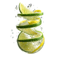 Refreshing Lime and Lemon Slices Spiraling in Sparkling Water against a Black Background