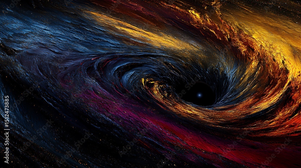Poster churning black hole at the center of a chaotic star nursery, distorting colorful magnetic fields int