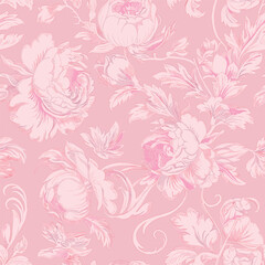 Pink Toile De Jouy Vintage Floral Seamless Pattern 03. Elegant Vector Graphics Print design