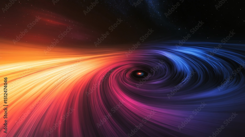 Poster churning black hole at the center of a chaotic star nursery, distorting colorful magnetic fields int