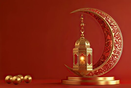 Golden Lantern Hanging from Ornate Crescent Moon