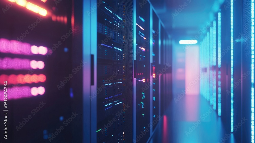 Poster futuristic data center interior with glowing led lights, showing rows of high-performance servers in