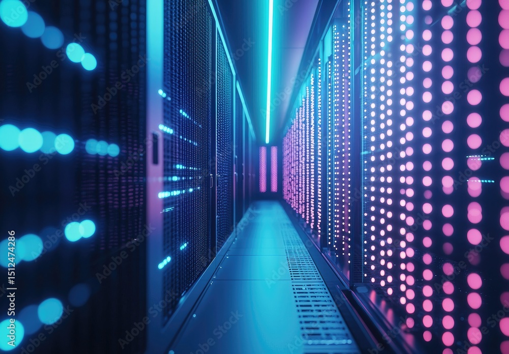 Poster digital server corridor with vivid pink and blue led lights, showcasing modern data infrastructure i