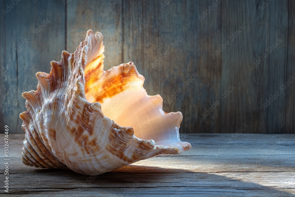 Poster large conch shell resting on weathered wooden surface with natural light highlighting its curves, la