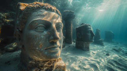 Submerged Ancient Statues and Coral-Covered Ruins Beneath the Sea