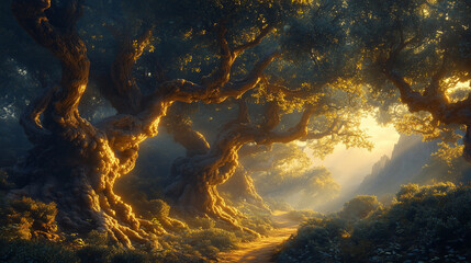 Enchanted Forest Path with Glowing Roots and Misty Mountains