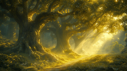 Enchanted Forest Path with Glowing Roots and Misty Mountains