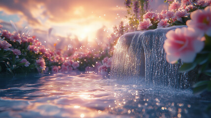 Heavenly Fountain with Sparkling Water and Angelic Descent in Serene Garden