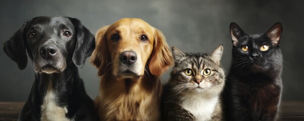 Fototapeta premium Quadruped Companions Golden Retriever, Labrador, Tabby Cat, Black Cat Portrait, Pets, Animals Pets, Portrait