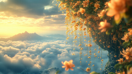 Golden Vines Cascading from a Floating Island in a Dreamlike Sky Realm