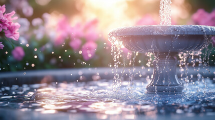 Heavenly Fountain with Sparkling Water and Angelic Descent in Serene Garden