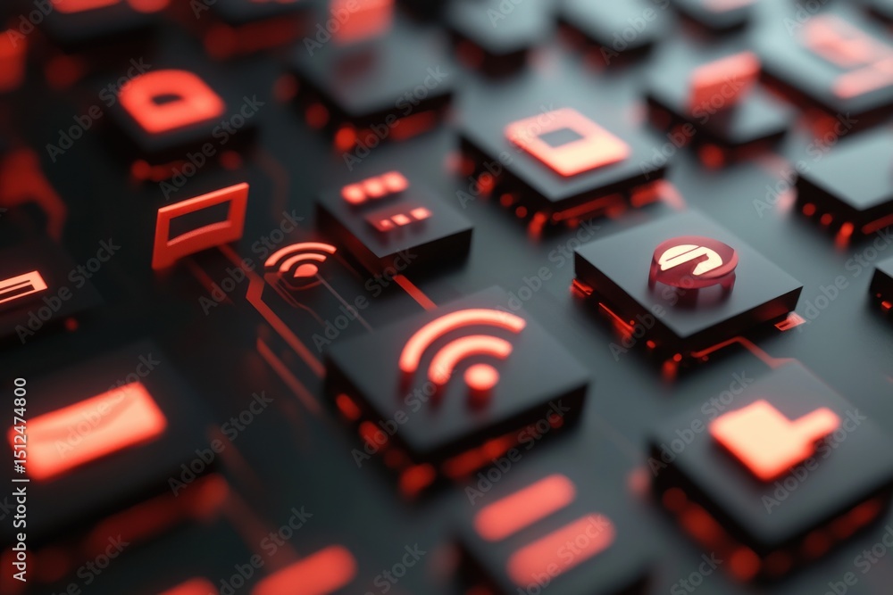 Poster symbols representing internet connectivity and telecommunications displayed on a keyboard surface, i